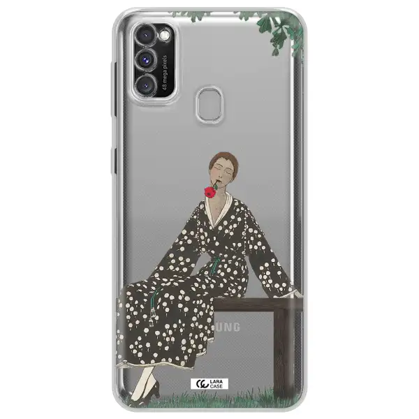 a woman sitting on a bench Samsung M30S Clear TPU Case