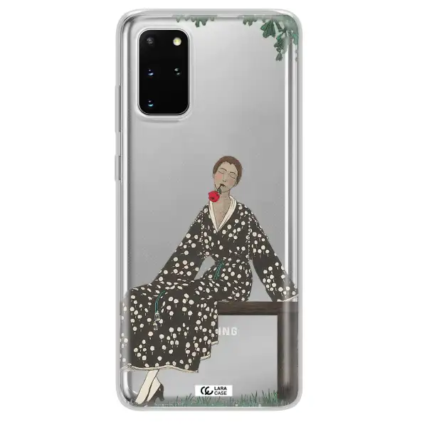 a woman sitting on a bench Samsung S 20 Plus Clear TPU Case
