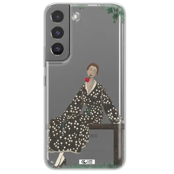 a woman sitting on a bench Samsung S 22 Plus Clear TPU Case