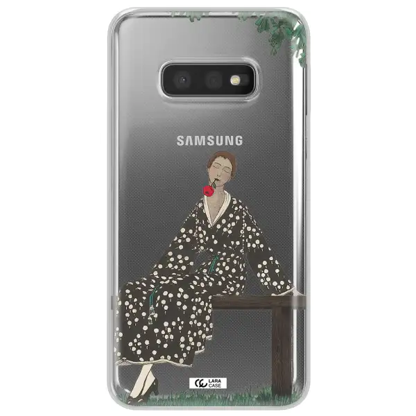 a woman sitting on a bench Samsung S10e Clear TPU Case