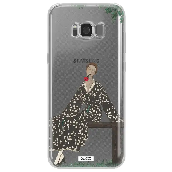 a woman sitting on a bench Samsung S8 Clear TPU Case
