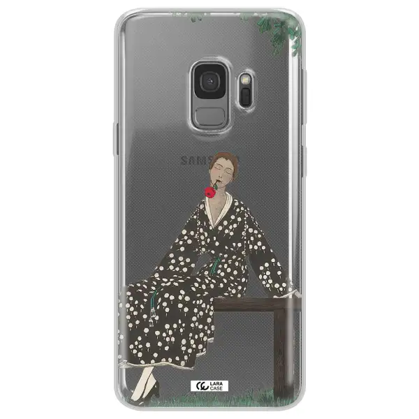 a woman sitting on a bench Samsung S9 Clear TPU Case