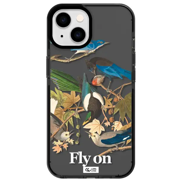 a group of birds on a branch Apple iPhone 14 impact Smoke Black Case