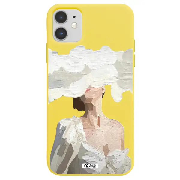 a woman with a cloud covering her face Apple iPhone 11 Silicone canary yellow Case