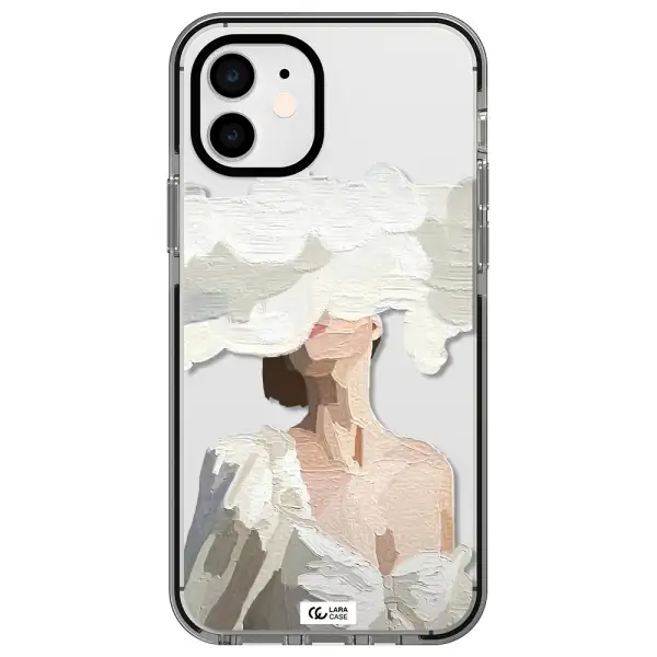 a woman with a cloud covering her face Apple iPhone 12 impact black border Case