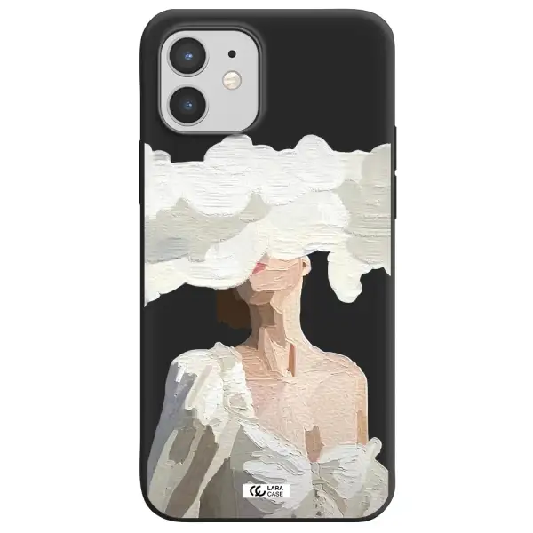 a woman with a cloud covering her face Apple iPhone 12 Silicone black Case