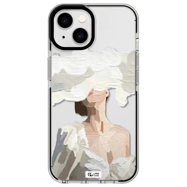 a woman with a cloud covering her face Apple iPhone 14 impact black border Case