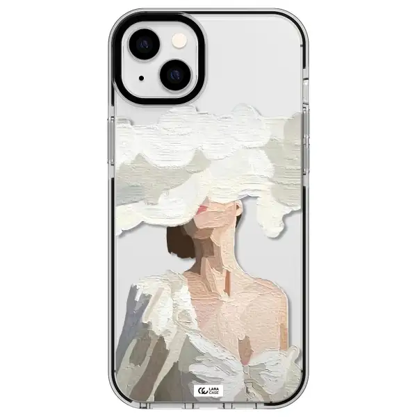 a woman with a cloud covering her face Apple iPhone 14 plus impact black border Case
