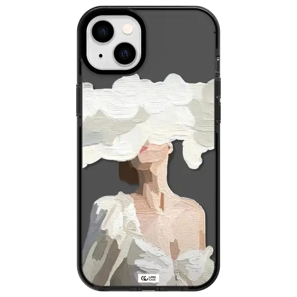 a woman with a cloud covering her face Apple iPhone 14 plus impact Smoke Black Case