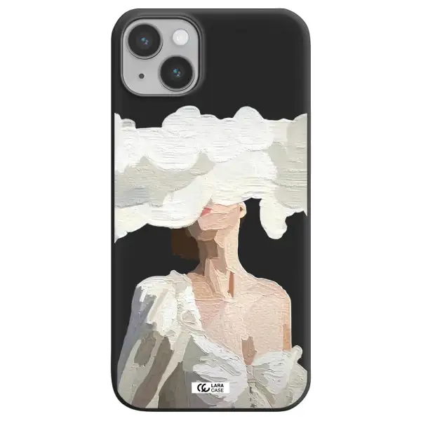 a woman with a cloud covering her face Apple iPhone 14 plus Silicone black Case