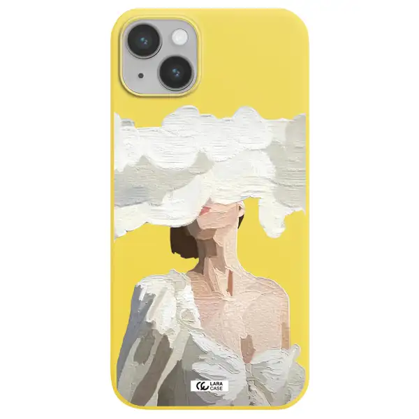 a woman with a cloud covering her face Apple iPhone 14 plus Silicone canary yellow Case