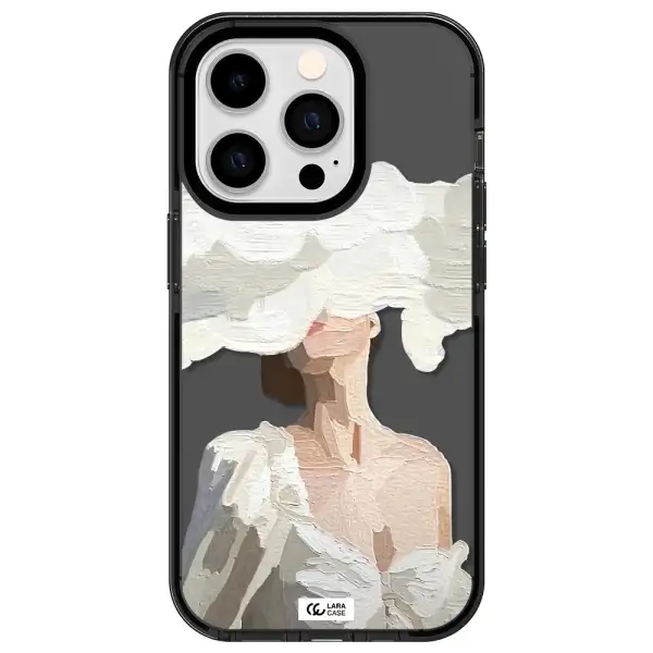 a woman with a cloud covering her face Apple iPhone 14 pro impact Smoke Black Case