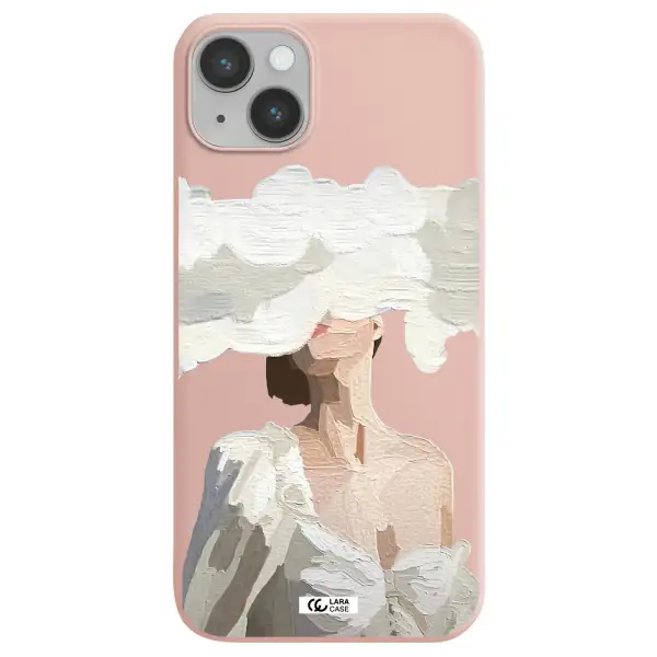 a woman with a cloud covering her face Apple iPhone 14 Silicone pastel pink Case