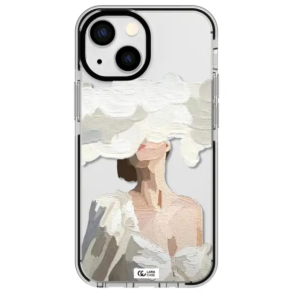 a woman with a cloud covering her face Apple iPhone 15 Plus impact black border Case