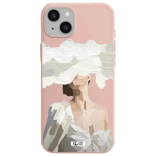 a woman with a cloud covering her face Apple iphone 15 plus Silicone pastel pink Case
