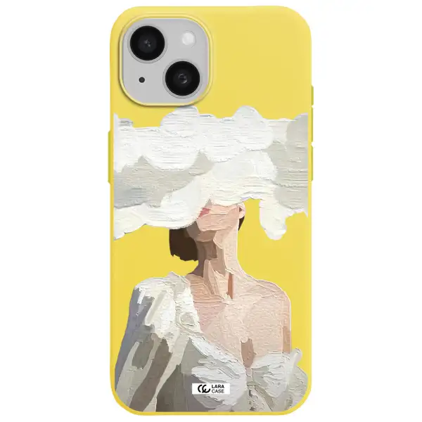 a woman with a cloud covering her face Apple iPhone 15 Silicone canary yellow Case