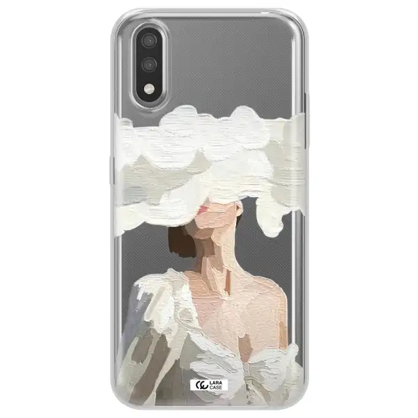 a woman with a cloud covering her face Samsung A01 Clear TPU Case