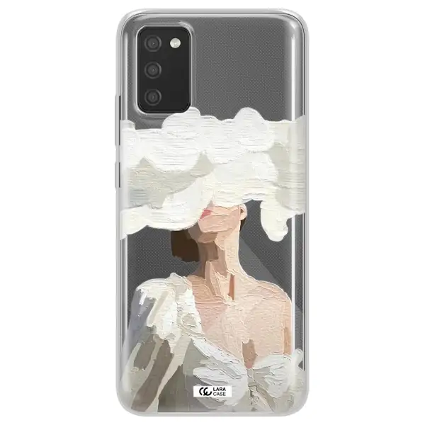 a woman with a cloud covering her face Samsung A02S Clear TPU Case