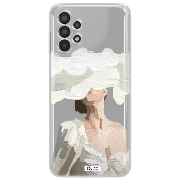 a woman with a cloud covering her face Samsung A13 Clear TPU Case