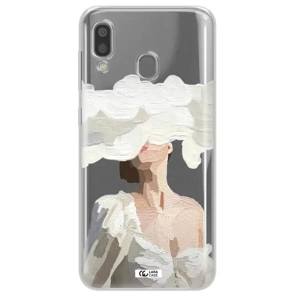 a woman with a cloud covering her face Samsung A20 Clear TPU Case