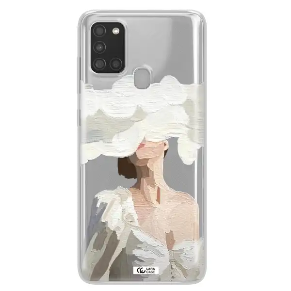 a woman with a cloud covering her face Samsung A21S Clear TPU Case