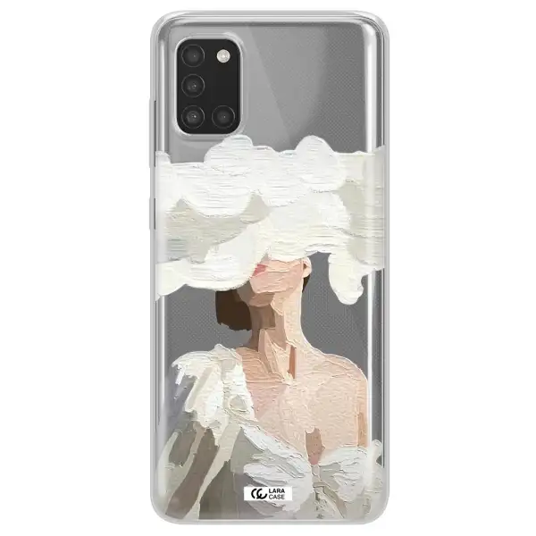 a woman with a cloud covering her face Samsung A31 Clear TPU Case