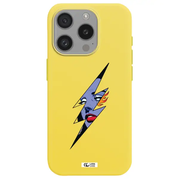 A Lightning Bolt With A Woman's Face Apple Iphone 15 Pro Silicone Canary Yellow Case