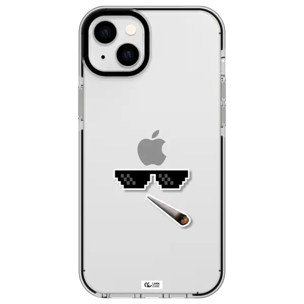 a cigarette and sunglasses Apple iPhone 14 plus impact black border Case