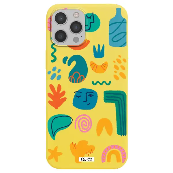 a collection of colorful shapes Apple iPhone 12 pro max Silicone canary yellow Case