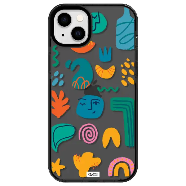 a collection of colorful shapes Apple iPhone 14 plus impact Smoke Black Case