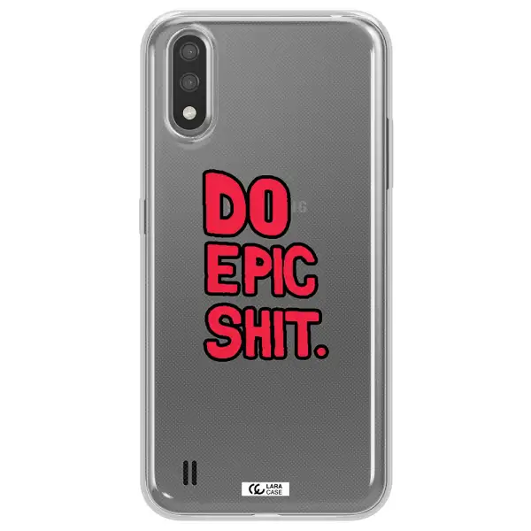 a red and black text Samsung A01 Clear TPU Case