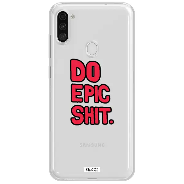 a red and black text Samsung A11 Clear TPU Case