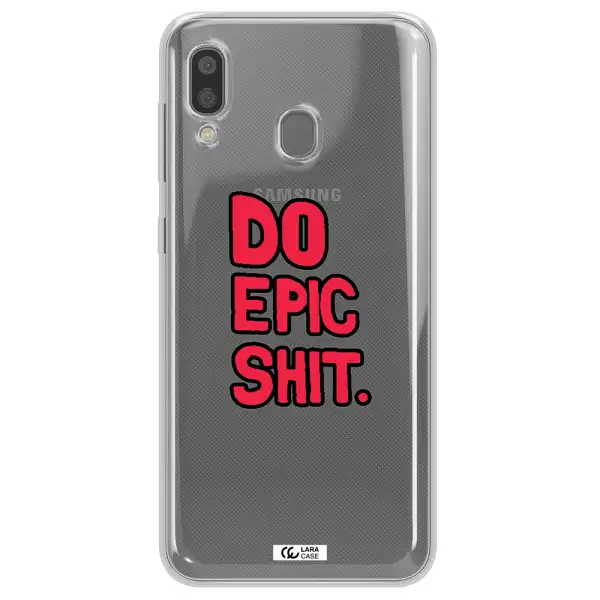 a red and black text Samsung A20 Clear TPU Case