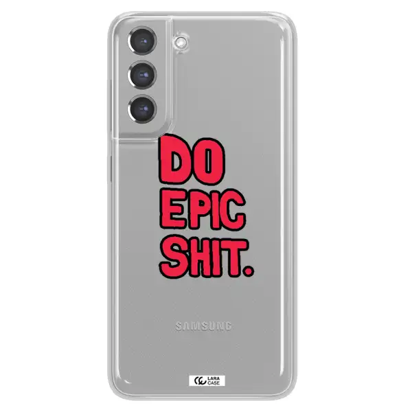a red and black text Samsung A21 Fe Clear TPU Case