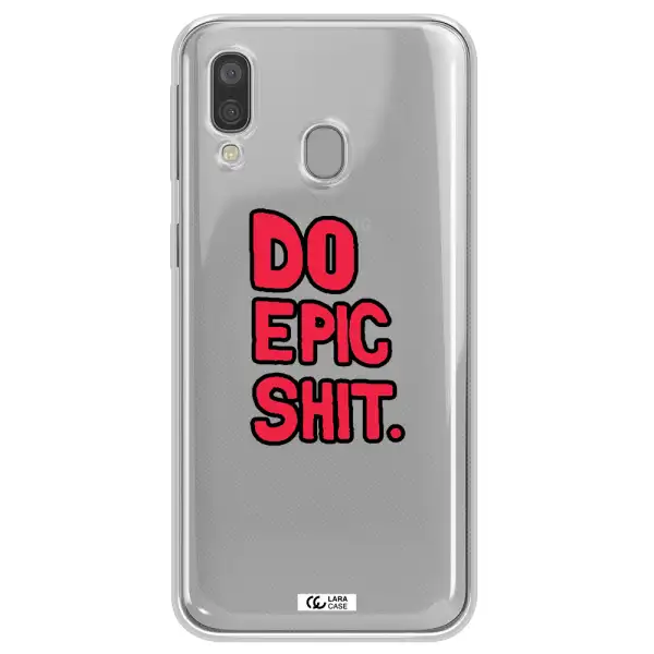 a red and black text Samsung A40 Clear TPU Case