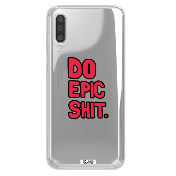 a red and black text Samsung A50 Clear TPU Case