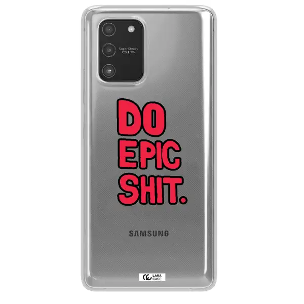 a red and black text Samsung A91 Clear TPU Case