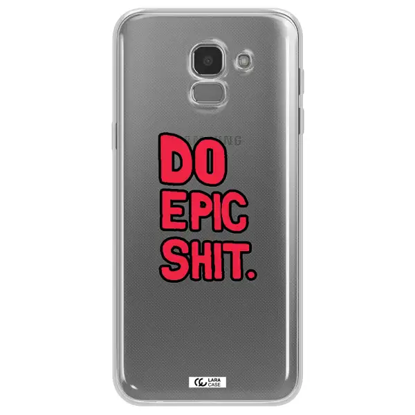 a red and black text Samsung J6 Clear TPU Case