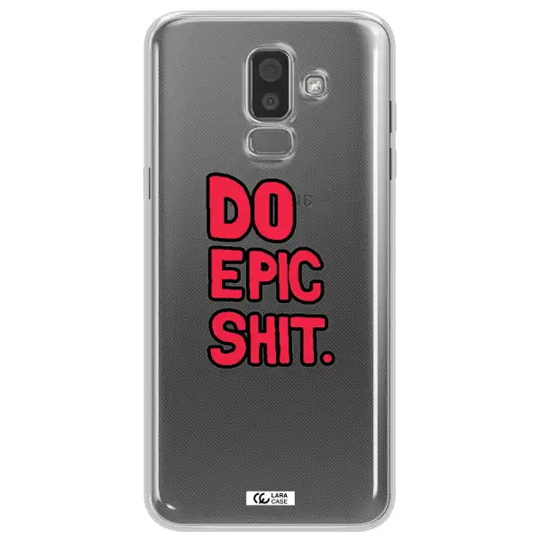 a red and black text Samsung J8 Clear TPU Case