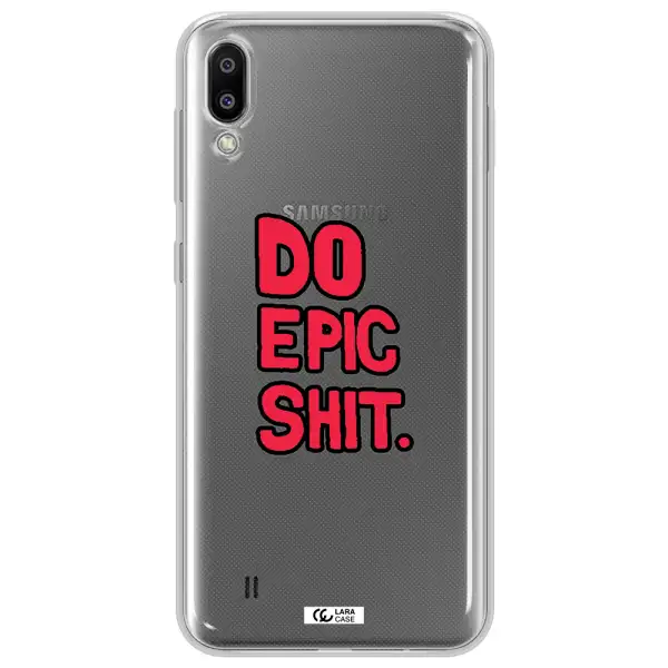 a red and black text Samsung M10 Clear TPU Case