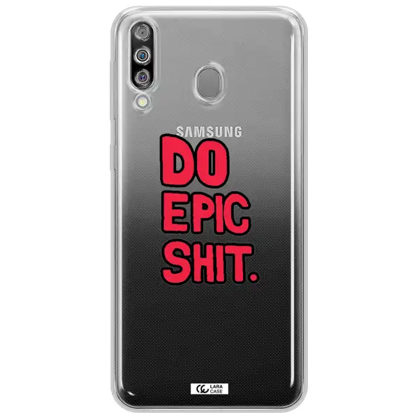 a red and black text Samsung M30 Clear TPU Case