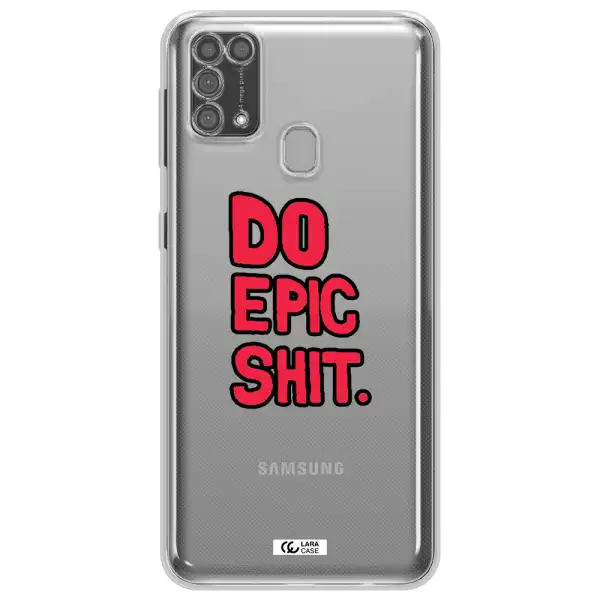 a red and black text Samsung M31 Clear TPU Case