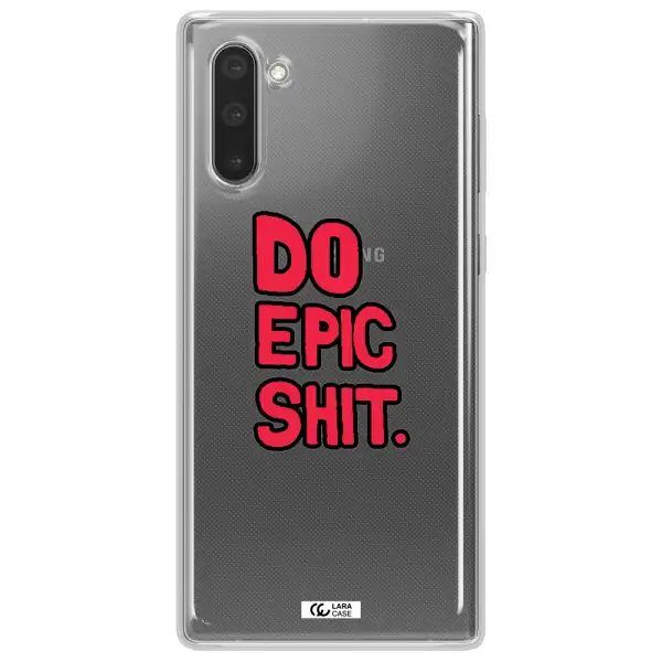 a red and black text Samsung Note 10 Clear TPU Case