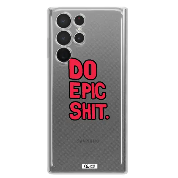 a red and black text Samsung S 22 Ultra Clear TPU Case