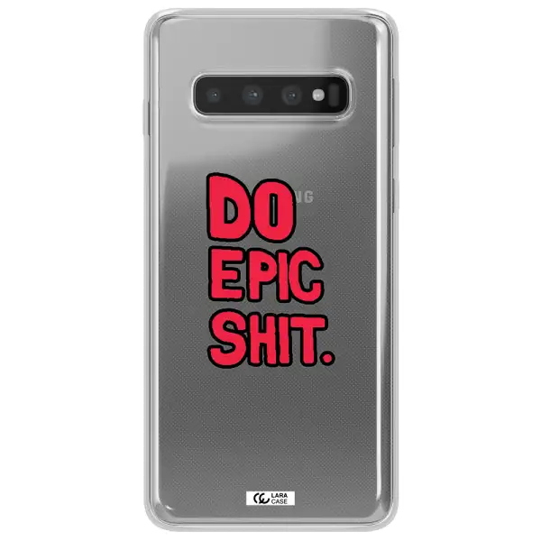 a red and black text Samsung S10 Clear TPU Case