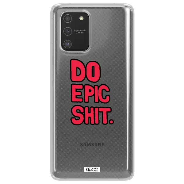 a red and black text Samsung S10 Lite Clear TPU Case