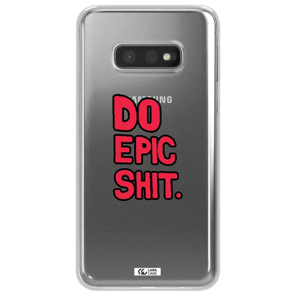 a red and black text Samsung S10e Clear TPU Case