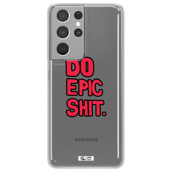 a red and black text Samsung S21 Ultra Clear TPU Case