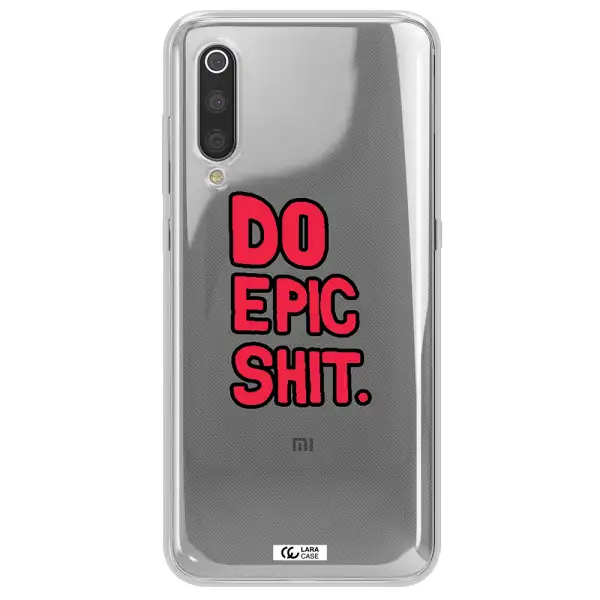 a red and black text Xiaomi Mi 9 Clear TPU Case