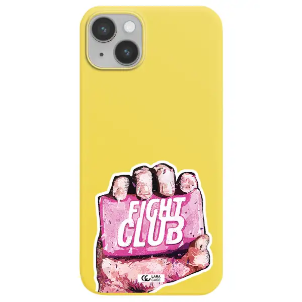 a hand holding a pink bag Apple iPhone 14 plus Silicone canary yellow Case